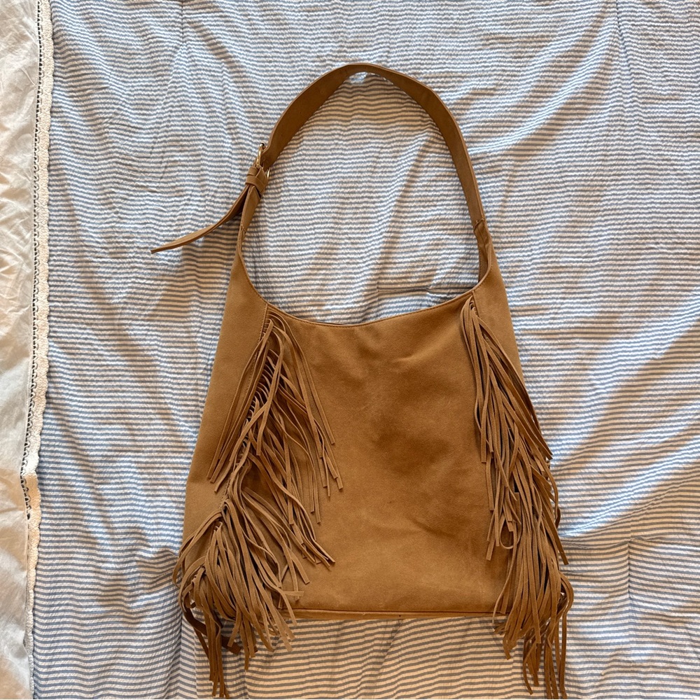 Suede Fringe Hobo Bag - Tan